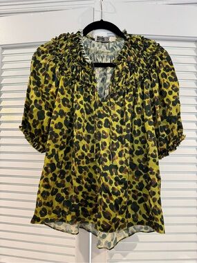 GO BY GO SILK Green Leopard Ruffle-Yoke Blouse